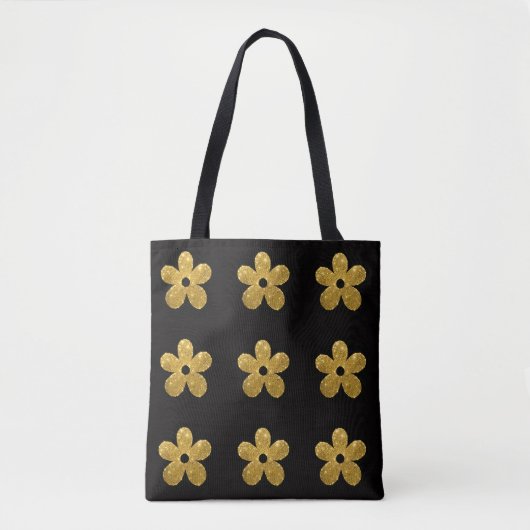 Black & Glittering Gold Flowers  トートバッグ (正面)