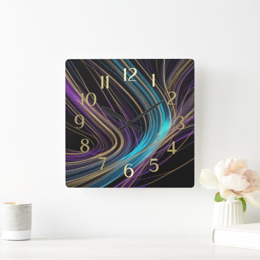 Black Glowing Lines Abstract Design Purple Blue スクエア壁時計 (ホーム)