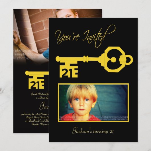Black & Gold 21st Birthday Party Key Invitation 招待状 (正面/裏面)