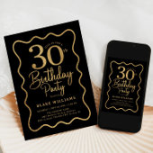 Black Gold 30th Birthday Wavy Border 招待状