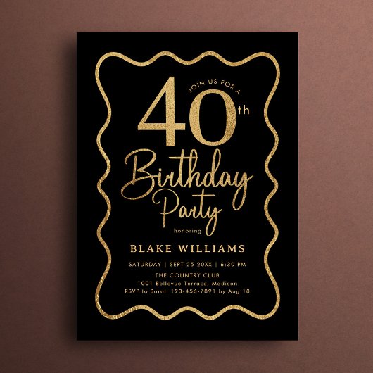 Black Gold 40th Birthday Wavy Border 招待状
