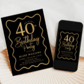 Black Gold 40th Birthday Wavy Border 招待状