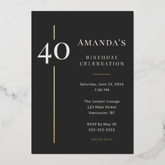 Black Gold 40th Milestone Birthday Celebration 箔招待状 (正面)