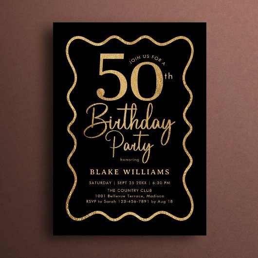 Black Gold 50th Birthday Wavy Border 招待状