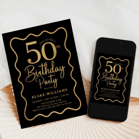 Black Gold 50th Birthday Wavy Border 招待状