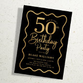 Black Gold 50th Birthday Wavy Border 招待状