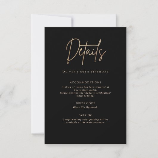 Black Gold 60th Birthday Party Details Card (正面)