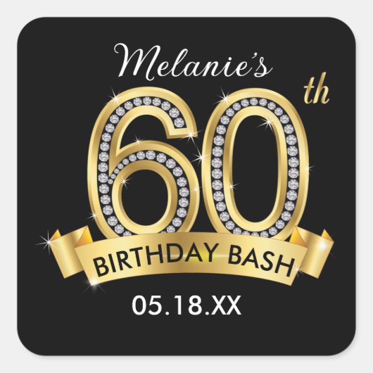 Black & Gold 60th Birthday Stickers スクエアシール (正面)