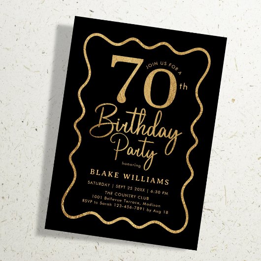 Black Gold 70th Birthday Wavy Border 招待状