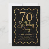 Black Gold 70th Birthday Wavy Border 招待状 (正面)