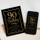 Black Gold 90th Birthday Wavy Border 招待状