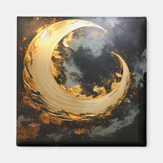 Black Gold Abstract Swirl Modern Moon マグネット (正面)