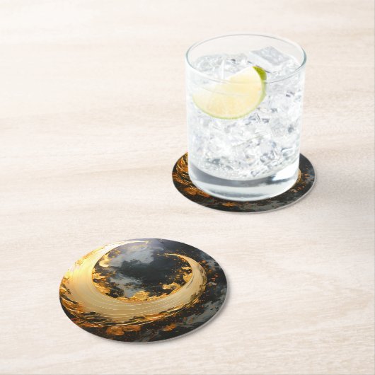 Black Gold Abstract Swirl Modern Moon ラウンドペーパーコースター (インサイチュ)