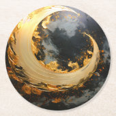 Black Gold Abstract Swirl Modern Moon ラウンドペーパーコースター (正面)