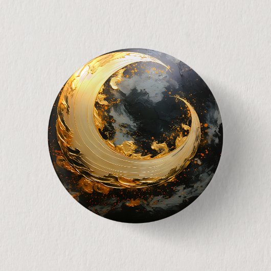 Black Gold Abstract Swirl Modern Moon 缶バッジ (正面)