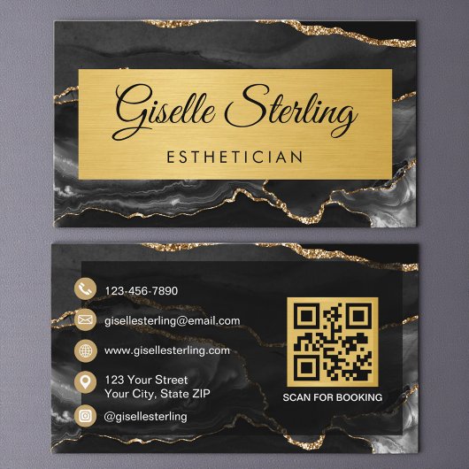 Black Gold Agate Esthetician Glitter QR Code 名刺