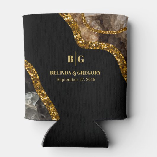 Black & Gold Agate Geode Glitter Wedding 缶クーラー (裏面)