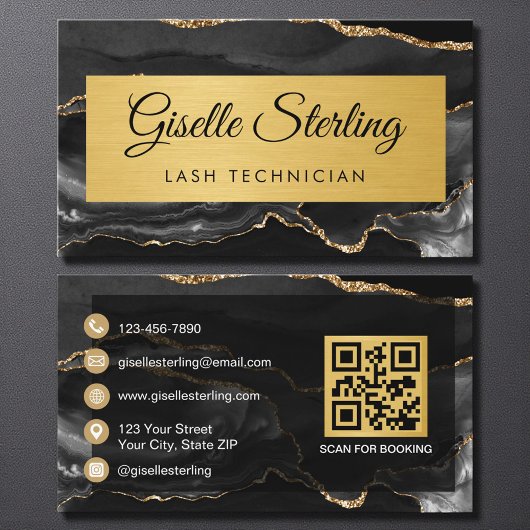 Black Gold Agate Lash Technician Glitter QR Code 名刺