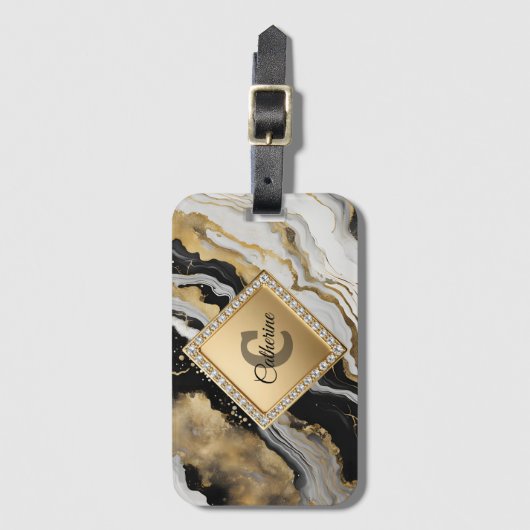 Black Gold Agate Marble Glam Diamond Monogram ラゲッジタグ (正面縦)