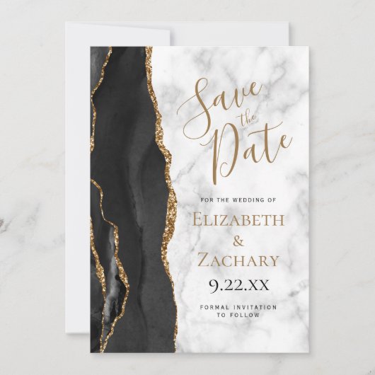 Black Gold Agate Marble Save the Date Card 招待状 (正面)