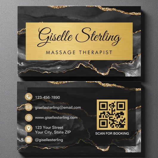 Black Gold Agate Massage Therapist Glitter QR Code 名刺