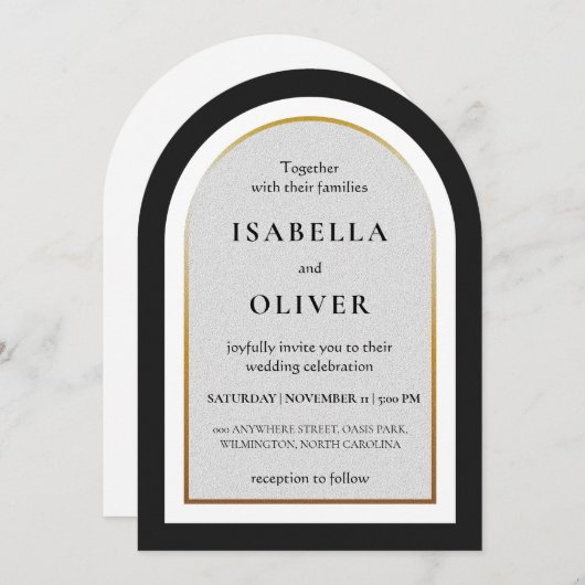 Black gold and white simplistic wedding 招待状 (正面/裏面)