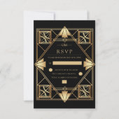 Black & Gold Art Deco Geometric Wedding 出欠カード (正面)