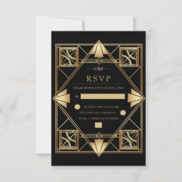 Black & Gold Art Deco Geometric Wedding  出欠カード