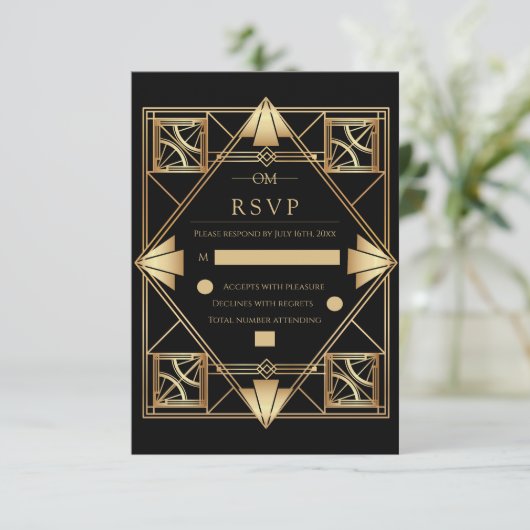 Black & Gold Art Deco Geometric Wedding  出欠カード (スタンド正面)