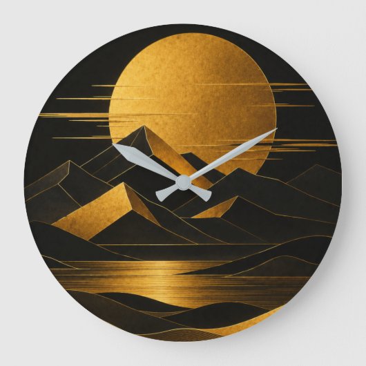 Black & Gold Art Deco Mountain Landscape Clock ラージ壁時計 (正面)