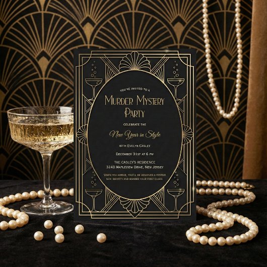 Black Gold Art Deco Murder Mystery New Year Party 招待状