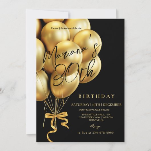  Black & Gold Balloon bow Birthday Party 招待状 (正面)