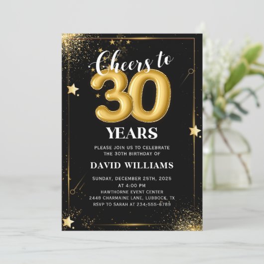 Black Gold Balloons 30th Birthday Party Invitation 招待状 (スタンド正面)
