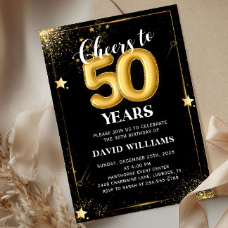 Black Gold Balloons 50th Birthday Party Invitation 招待状