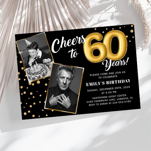 Black Gold Balloons 60th Birthday Photo Invitation 招待状