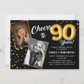 Black Gold Balloons 90th Birthday Photo Invitation 招待状 (正面)