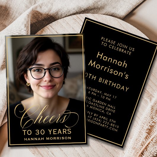 Black & Gold Birthday Cheers to 30 Years Photo 招待状