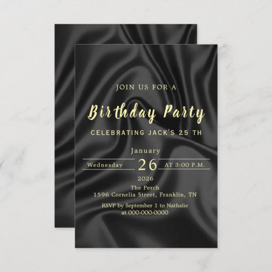 Black & Gold Birthday Invitation 招待状 (正面/裏面)