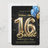 Black Gold Blue Sparkle Balloons Sweet 16 Birthday 招待状 (正面)