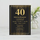 Black Gold Border Glitter Modern 40th Birthday 招待状 (スタンド正面)
