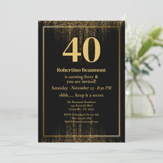 Black Gold Border Glitter Modern 40th Birthday 招待状 (スタンド正面)