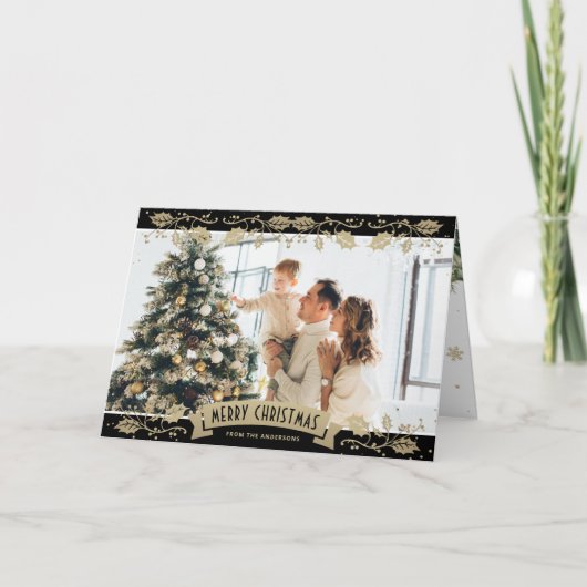 Black Gold Botanical Photo Christmas Card カード (正面)