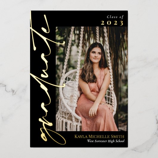 Black & Gold Calligraphy Photo Graduation 箔招待状 (正面)