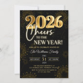 Black Gold Champagne Cheers New Years Eve Party 招待状 (正面)