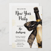Black Gold Champagne Cheers New Years Eve Party 招待状 (正面/裏面)