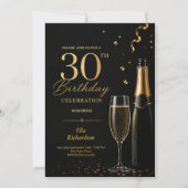 Black & Gold Champagne Glam Elegant 30th Birthday 招待状 (正面)