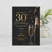 Black & Gold Champagne Glam Elegant 30th Birthday 招待状 (スタンド正面)