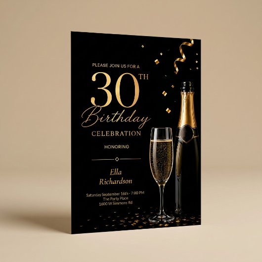 Black & Gold Champagne Glam Elegant 30th Birthday 招待状