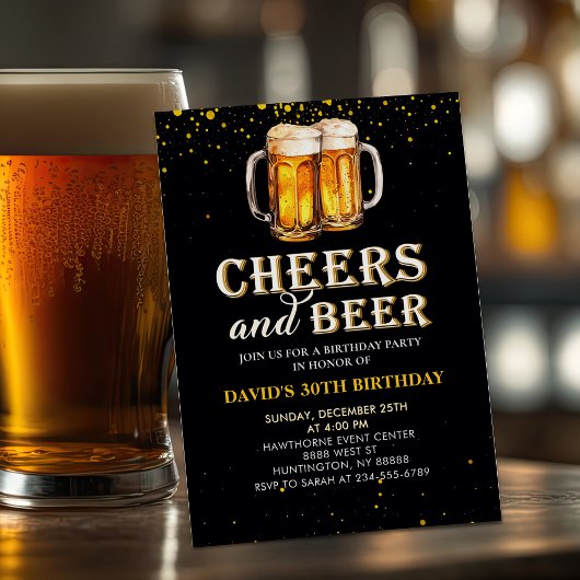 Black Gold Cheers and Beers Birthday Invitation 招待状