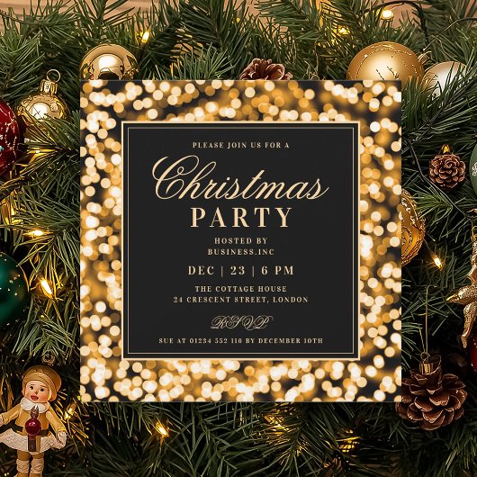Black & Gold Christmas Glam Lights Holiday Party 招待状